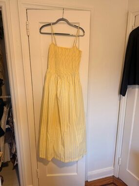 Abercrombie Yellow Striped Dipped Waist Smocked Midi Dress - Tall